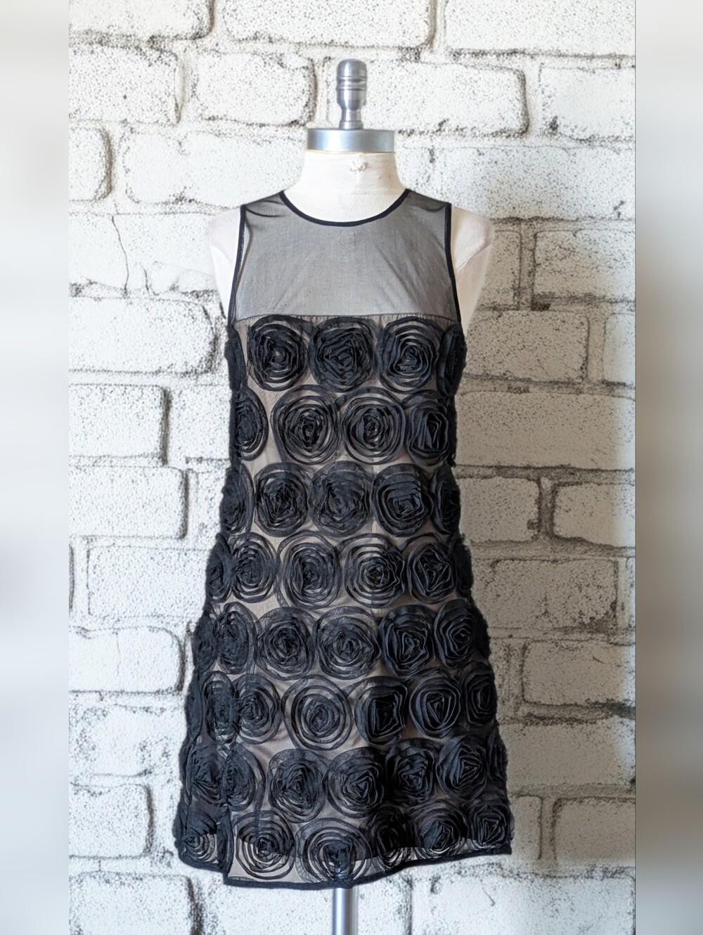 Democracy Black Rosette Sheer Mesh Overlay Cocktail Dress- Size 0